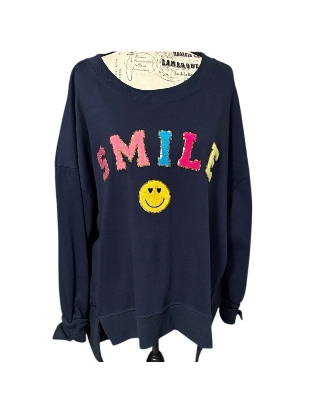 Navy Smile Graphic Sweatshirt Sequin Accent Oversized 3/4 Sleeves Blue Size M